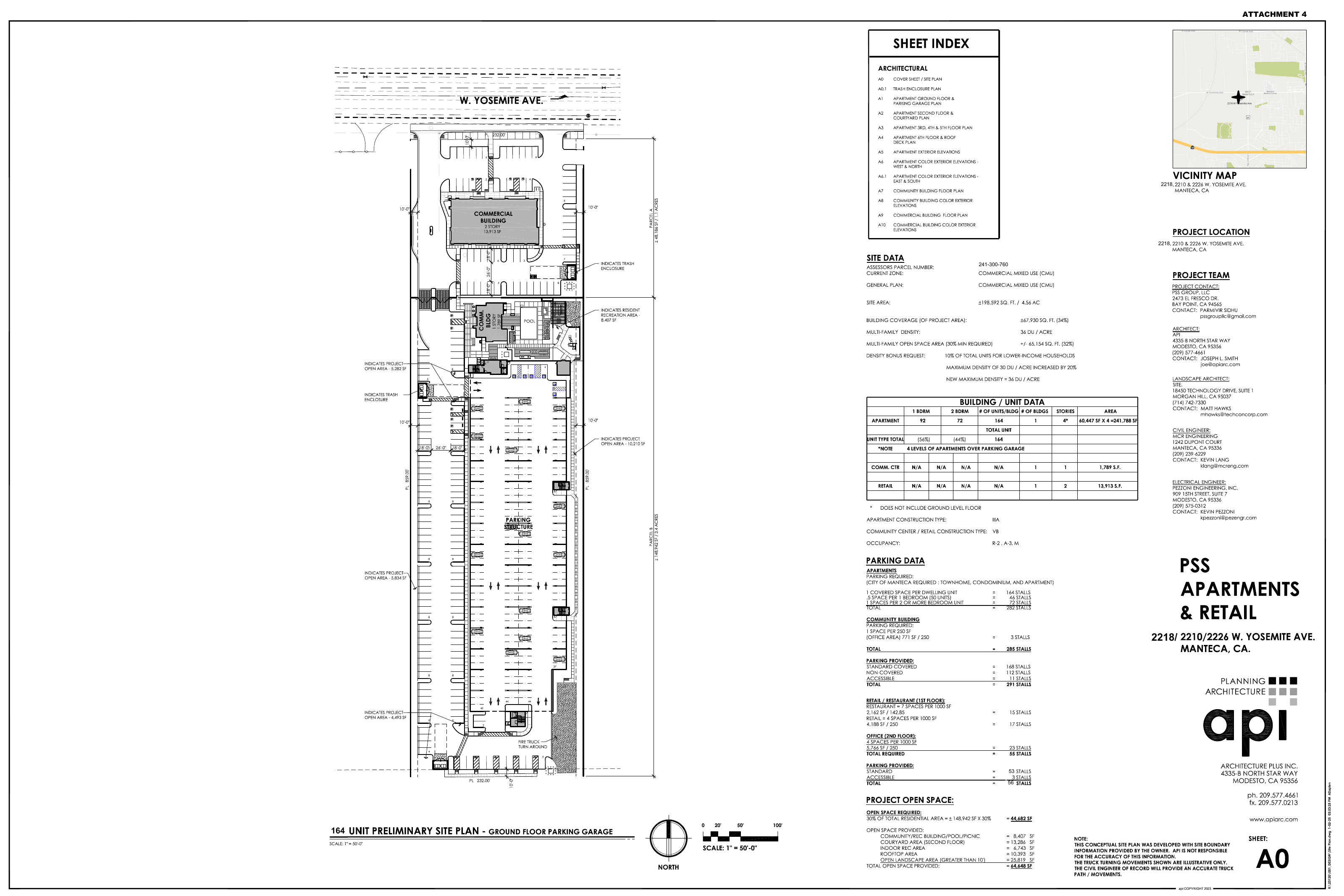 PSS site plan showing the commercial building along West Yosemite Avenue, community facilities and apartment parking structure.
