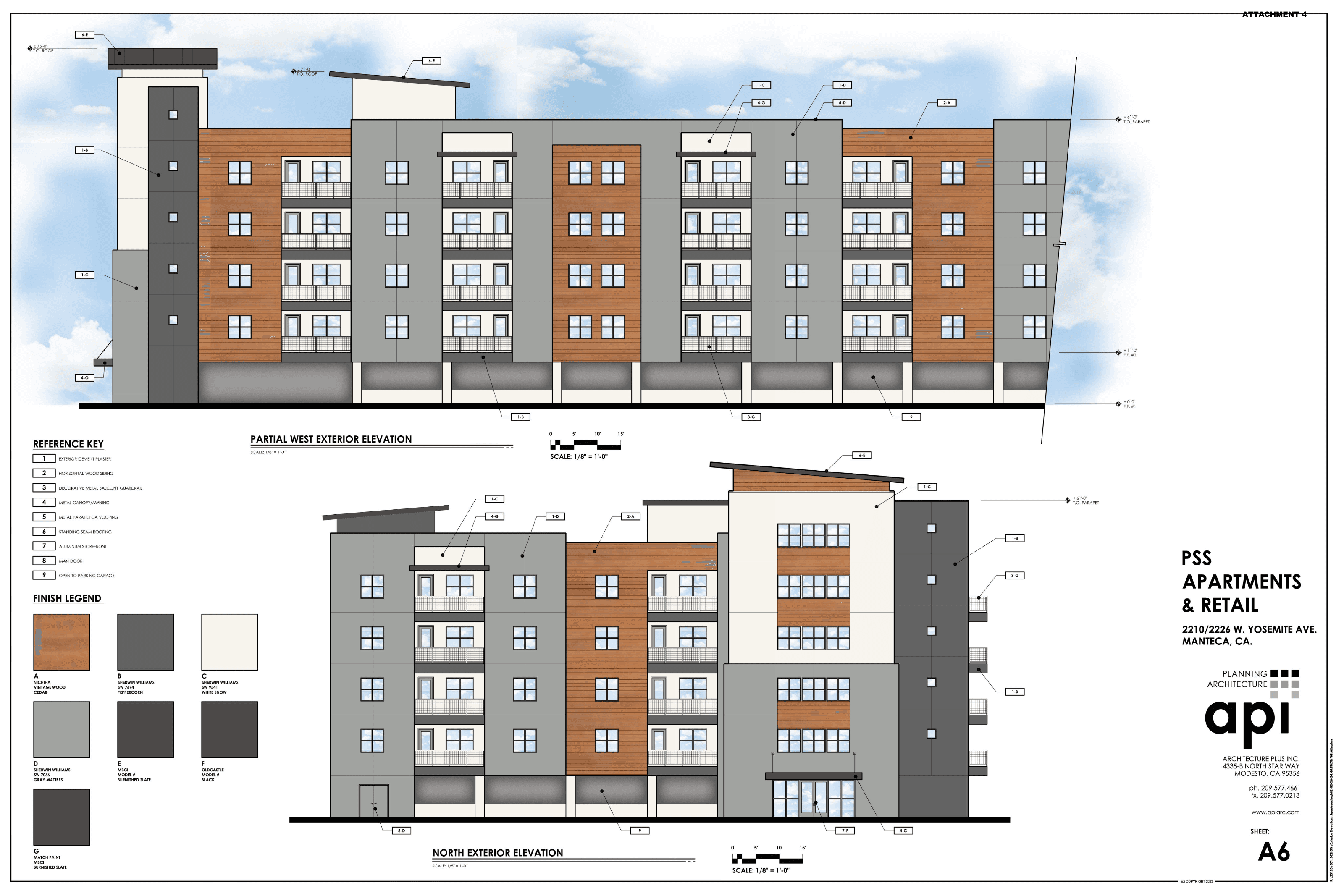 Colored partial west and north elevations of the proposed PSS apartment building, from sheet A6.