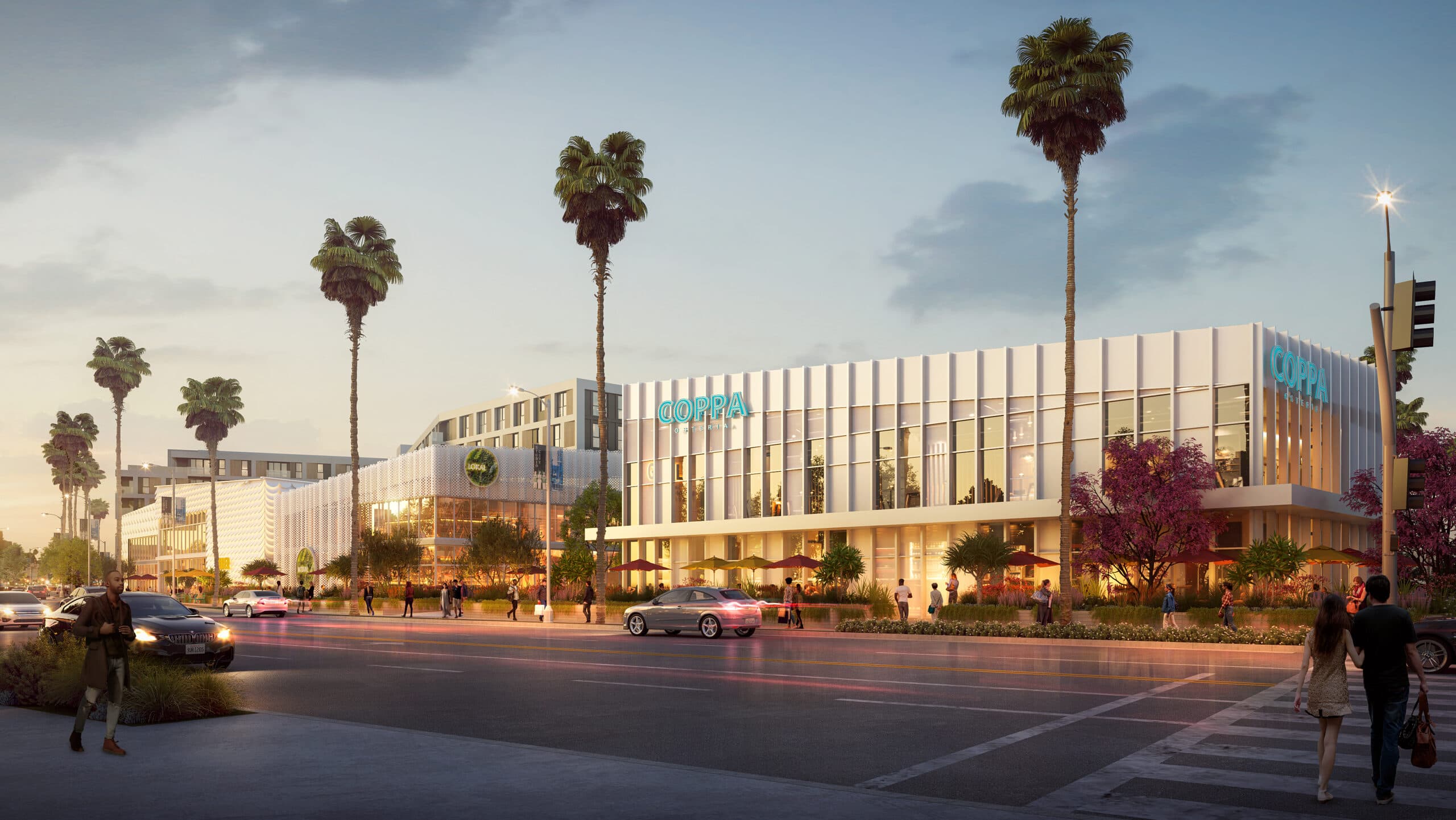 Developer rendering of Riverwalk at Studio City showing proposed restaurant frontage and residential buildings