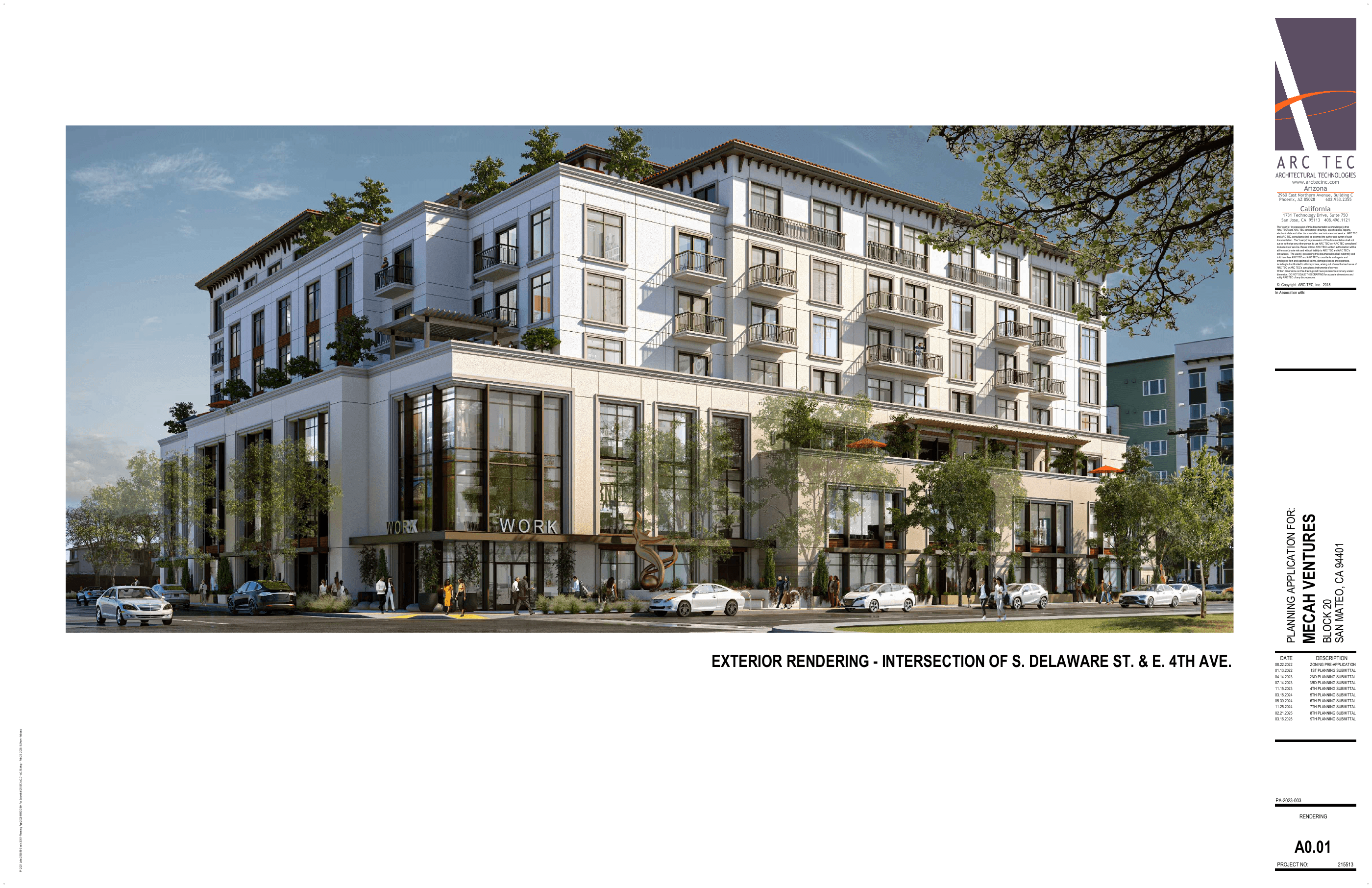 Perspective rendering of the proposed seven-story Block 20 mixed-use development at South Delaware Street and East 4th Avenue.