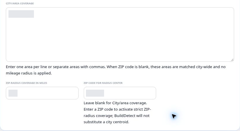 City/area coverage, ZIP-radius coverage in miles and ZIP code for radius center fields, with existing values hidden.