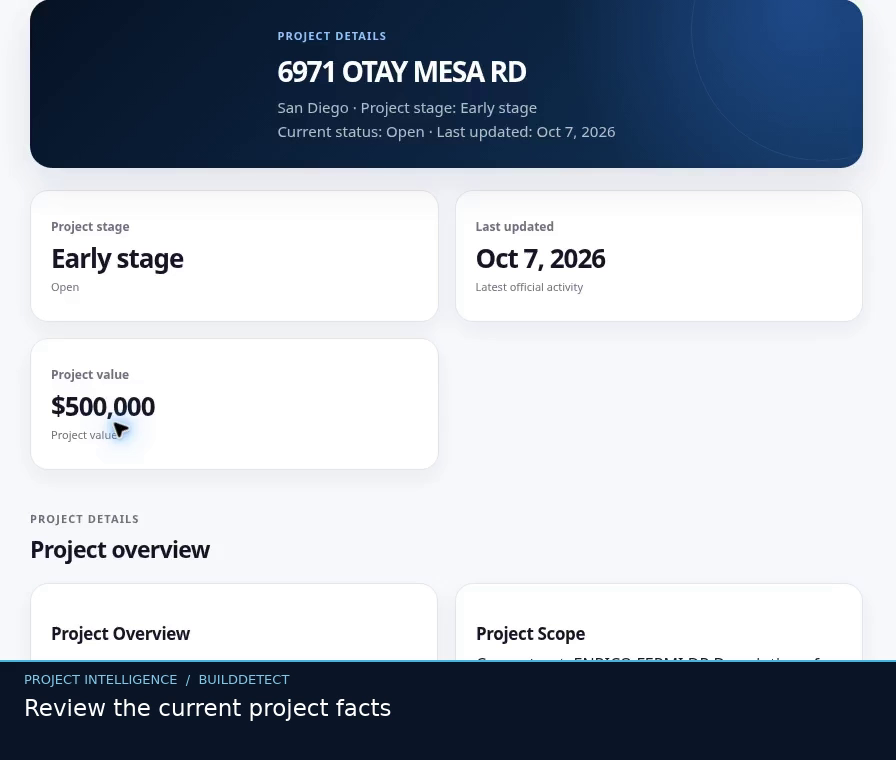 Example project intelligence page showing project stage, last updated date, value and project overview.