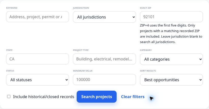 Find Projects filters with Jurisdiction, Exact ZIP, Search projects and Clear filters controls.