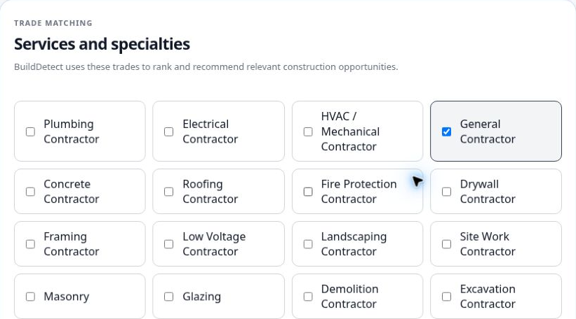 Services and specialties checkboxes, with General Contractor selected as an example.